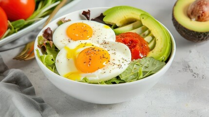 Hearty Whole30 breakfast bowl with eggs, avocado, and mixed greens, photo realistic, copy space for text, Whole30 Diet, morning meal
