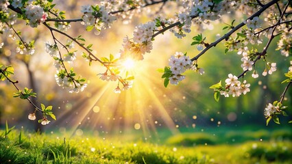 Obraz premium Aerial view of sunny spring morning with dew kissed blossoms and fresh greenery