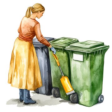 woman cleaning green trash cans watercolor clip art preview