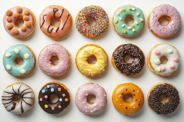 Design an image showcasing a variety of colorful donuts arranged in two neat rows.