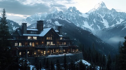 Naklejka premium A majestic mountain lodge with a dark walnut exterior, surrounded by snow-capped peaks and alpine forests, ideal for a winter escape
