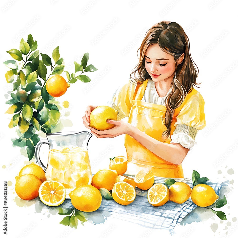 Sticker Watercolor Illustration of a Woman Making Lemonade with Fresh Lemons.