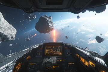 Spaceship cockpit view navigating through an asteroid field with Earth visible in the distance during a thrilling space adventure