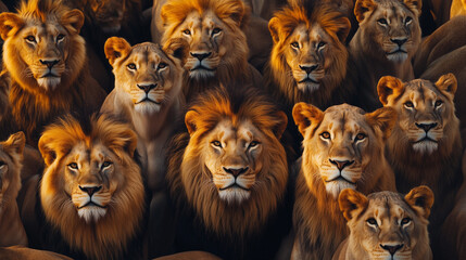 A large group of lions with various mane shapes, all looking in the same direction. Their reddish manes reflect warm lighting