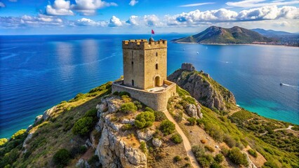 Fototapeta premium Aerial view of Torre del Poetto Tower on the Devils saddle in Cagliari, Sardinia