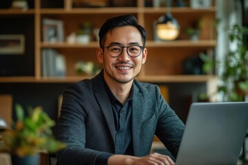 Manager at desk with laptop, workplace, productivity