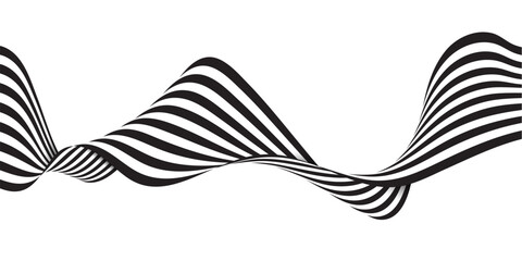 Black and White Isolated Flowing 3D Striped, Wavy, Curvy, Shapes Design, Creative Abstract Optical Illusion - The Dynamic Pattern Twists and Turns Across the Canvas, Playing with Depth and Perspective