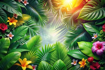 Aerial view of tropical foliage and flowers illuminated by sunlight