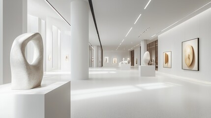 A minimalist off-white painted art gallery with large, open spaces displaying contemporary sculptures under soft, focused lighting