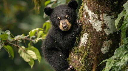 Fototapeta premium A black bear cub attempting to climb down a tree in the rainforest.