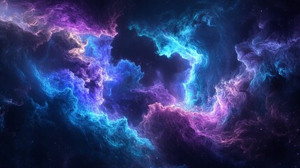 A mesmerizing abstract representation of a cosmic energy cloud, featuring vibrant blue and purple hues swirling against a deep black backdrop