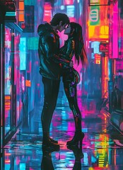 Vector illustration of anime characters kissing, neon colors, vector art style, high detail, colorful, fantasy, cyberpunk