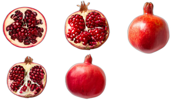  Melograni dall'alto- Sei set di melograni su uno sfondo bianco. Ogni set include un melogra_1(215)