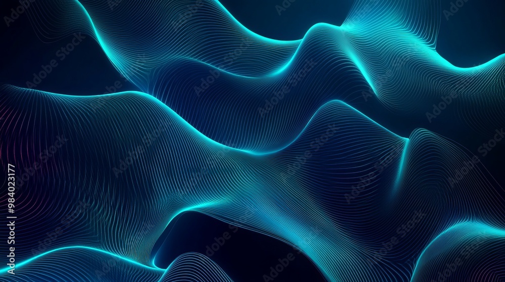 Wall mural abstract glowing wave lines on a dark blue background, featuring a dynamic wave pattern.