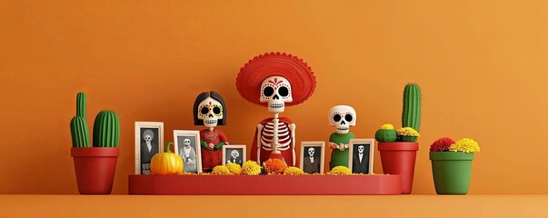 Colorful skeleton figures with decorations for a festive display, celebrating cultural traditions and honoring loved ones.