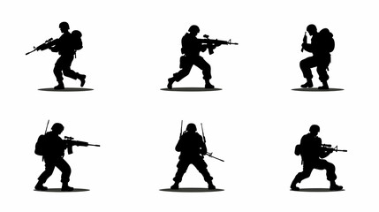 Silhouettes of Soldiers in Various Combat Poses with Rifles and Backpacks, a Visual Representation of Military Readiness