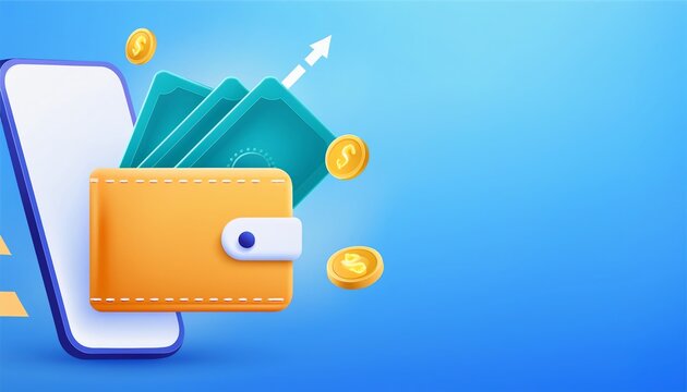 A digital wallet with cash and coins emerging, symbolizing online transactions and financial growth in a modern design.