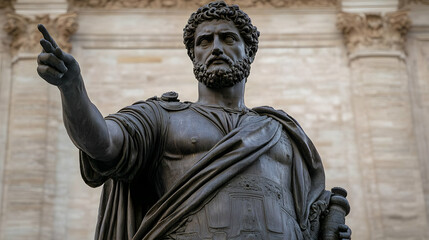 Obraz premium A bronze statue of a Roman emperor with a beard, wearing a toga and armor, standing in front of a building with a stone facade, and pointing his right hand upward, in an open hand gesture.