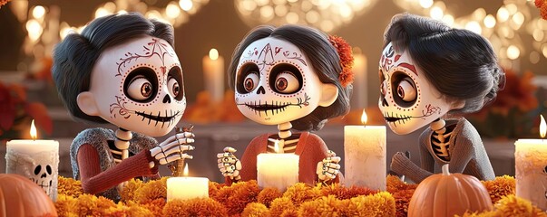 Three animated skeleton characters celebrating a festive occasion with candles, pumpkins, and vibrant decorations on a joyful table.
