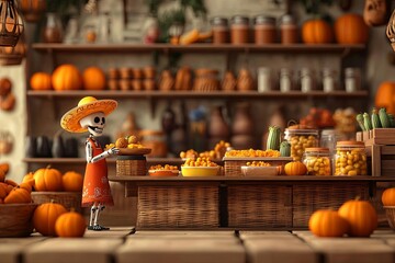 A whimsical skeleton character displays colorful pumpkins and goods in a cozy market setting, perfect for autumn-themed projects.