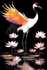 Elegant Crane in a Pond of Lotus Flowers