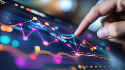 A high-res photo of a colorful line graph displayed on a digital screen, showing an upward trend, with a professional hand pointing at a key data point.