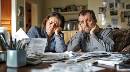 A high-res photo of a couple in their home office, sitting surrounded by financial paperwork and overdue notices, looking frustrated and exhausted from dealing with their debt.
