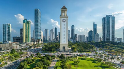 A minimalist off-white painted clock tower rising above a bustling city plaza, with modern skyscrapers and green spaces around