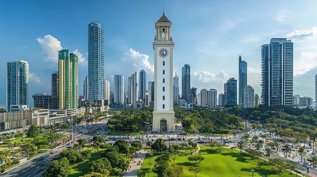 A minimalist off-white painted clock tower rising above a bustling city plaza, with modern skyscrapers and green spaces around