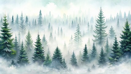 Fototapeta premium Aerial watercolor winter forest with spruces on white background