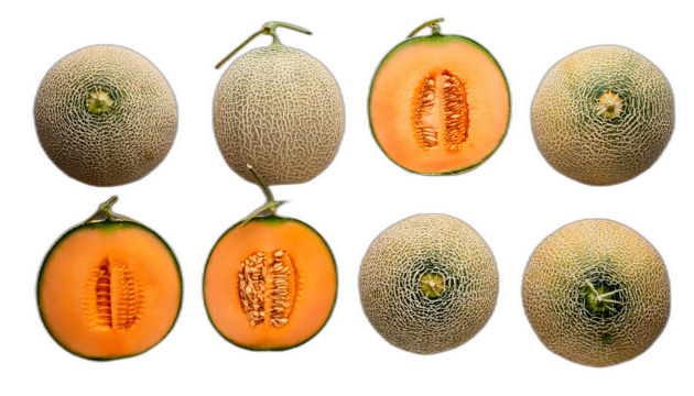  Melone cantalupo dall'alto- Sei meloni cantalupo disposti su uno sfondo bianco, ripresi dal_1(224)