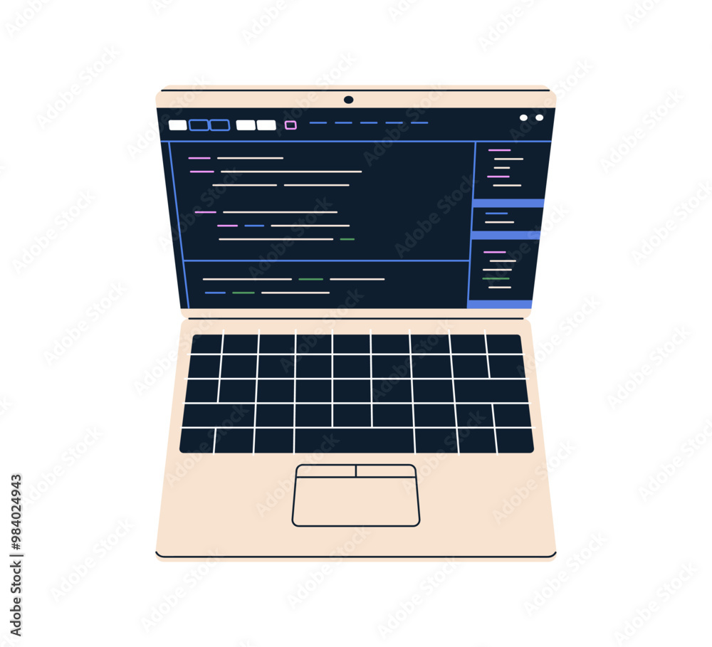Poster Laptop computer, keyboard and screen displaying code, software interface. Notebook PC, information technology device for business, programming. Flat vector illustration isolated on white background