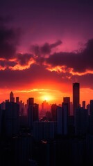 sunset cityscape featuring bold orange and purple skies that beautifully contrast with the silhouettes of high-rise buildings