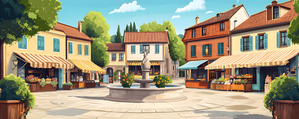 Fototapeta premium A quaint village square with a fountain and outdoor market stalls. Vector flat minimalistic isolated illustration.