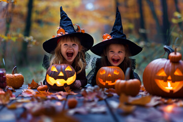 Fototapeta premium Delightful Halloween Fun with Children in Witch Costumes