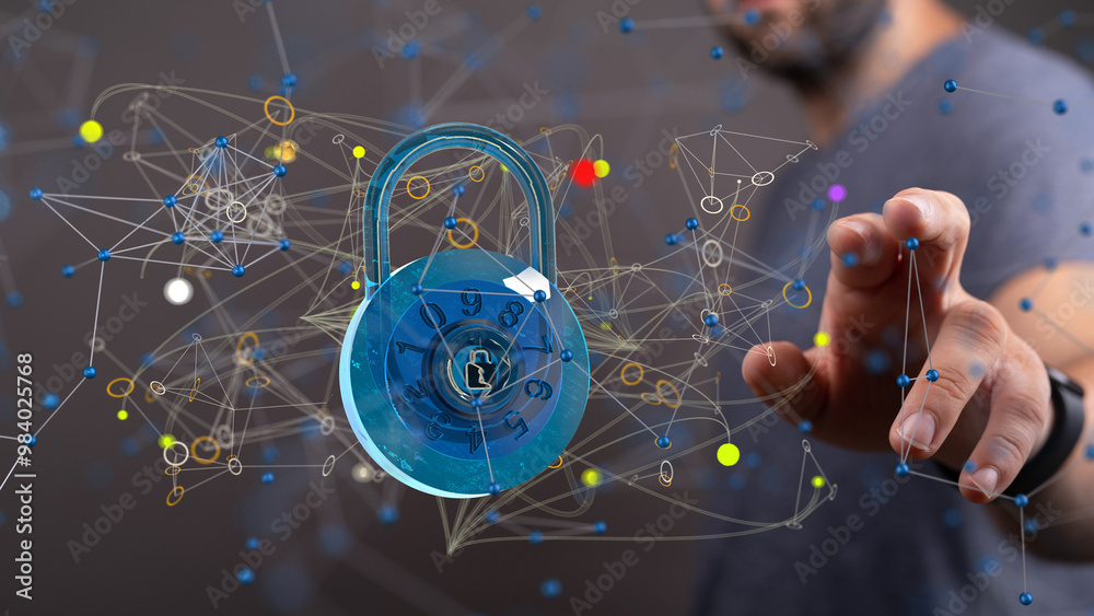 Poster Security Shield concept, data protection. Shield with dots and lines connectio