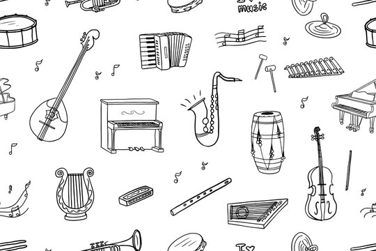 Seamless pattern of keyboard instruments and wind musical instruments. piano, accordion, harpsichord, accordion, xylophone, synthesizer, flute, saxophone, trumpet, harmonica, horn, trombo