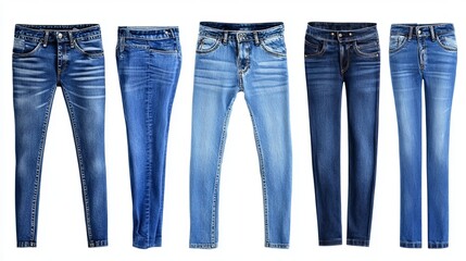 A variety of different blue jeans isolated on a white background.