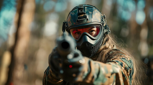 A Woman in a Protective Helmet and Face Mask Holds a Paintball Gun, Focused on the Target in a Woodland Setting