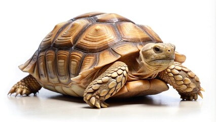 African spurred sulcata tortoise on white background eye level