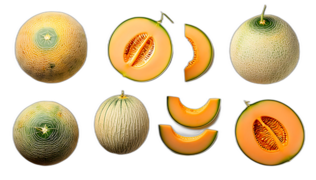  Melone dall'alto- Sei set di meloni su uno sfondo bianco. Ogni set contiene un melone inter_1(228)