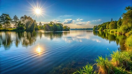 Obraz premium Afternoon lake with sunshine glinting off the water at eye level