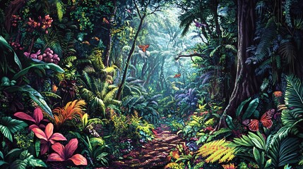Fototapeta premium Lush Tropical Rainforest Path with Butterflies and Flowers