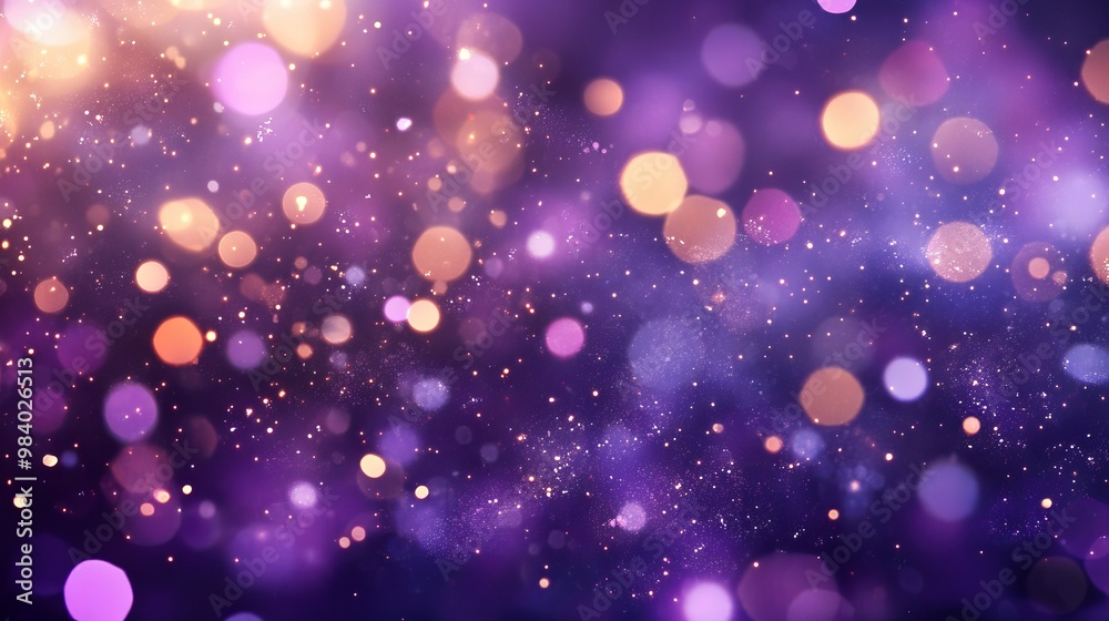 Wall mural purple sparkling lights create a festive background with violet bokeh.