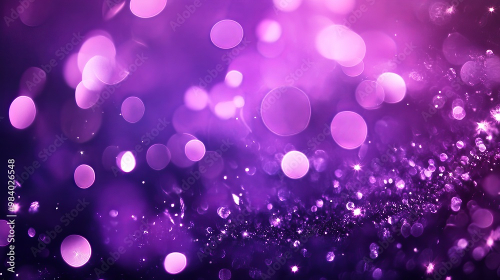 Wall mural purple sparkling lights create a festive background with violet bokeh.