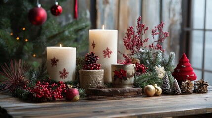 A festive holiday scene with a wooden table full of decorative elements ready for Christmas celebrations
