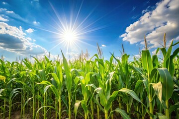 Obraz premium Agricultural landscape of maize field under blue sky with sunshine