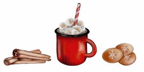 A cozy moment with a hot cup of coffee, cinnamon sticks, and freshly baked cookies in winter