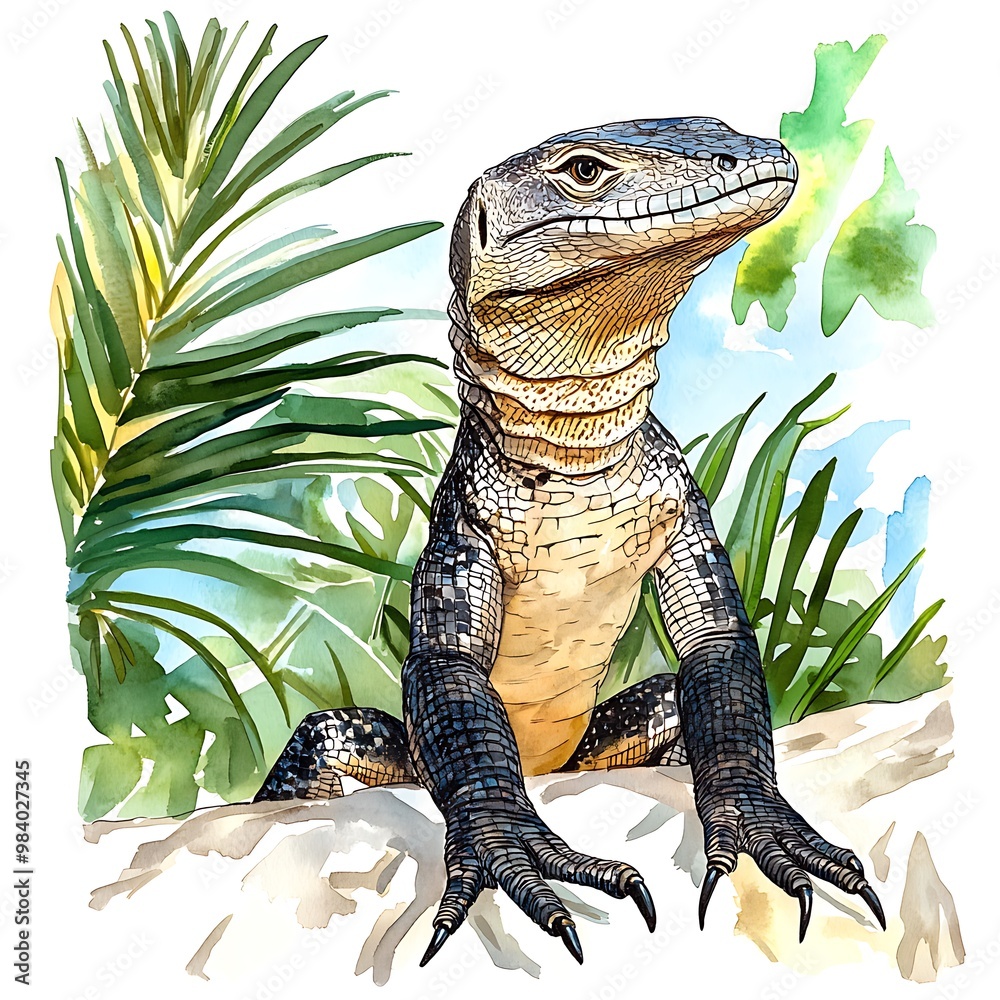 Canvas Prints Watercolor Illustration of a Monitor Lizard with Green Foliage.