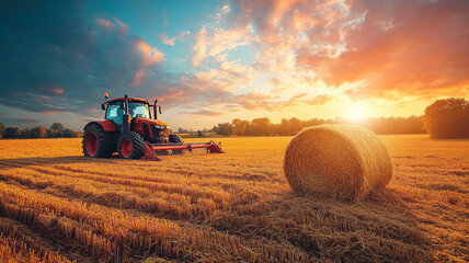 A tractor harvesting hay bales on golden field during sunset creates serene and picturesque rural scene. vibrant sky adds to beauty of landscape